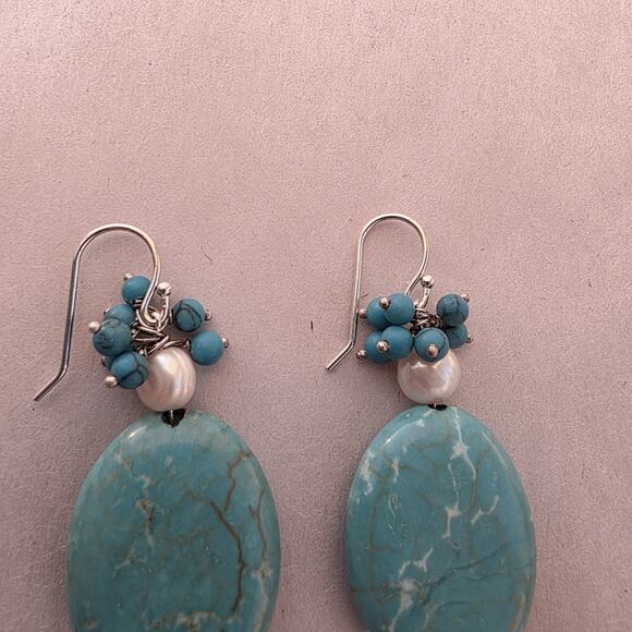 Artisan Turquoise Pearl Stone 925 Sterling Silver Drop Earrings New Stamped - Picture 8 of 9